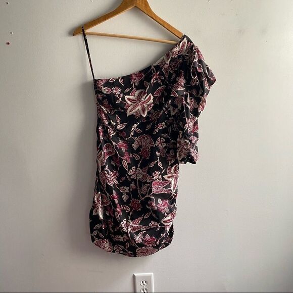 Isabel Marant dark brown red floral Lilia one shoulder ruffle cotton mini dress - Picture 3 of 8